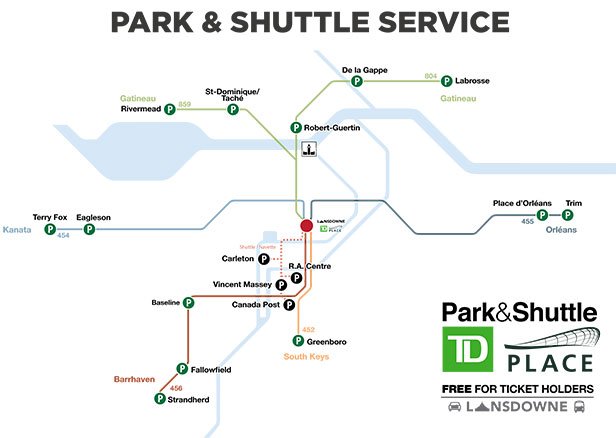 Park and Shuttle  service to TD Place map