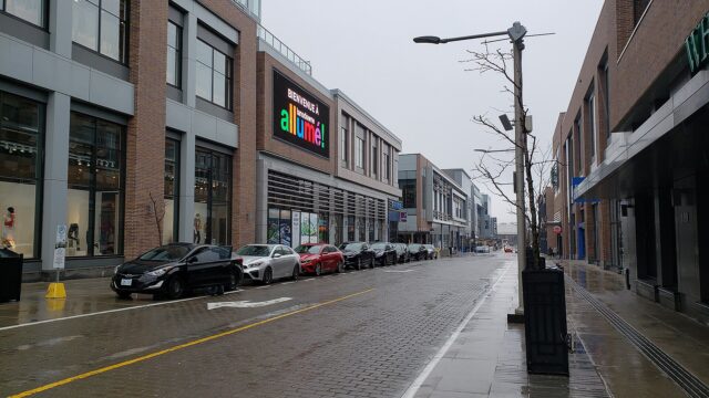 Marché Way, the shopping street at Lansdowne Park in Ottawa, March 2023