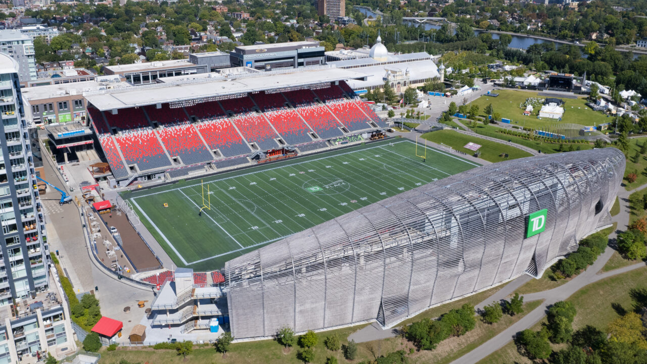 Aerial view of TD Place and the Lansdowne Park grounds in Ottawa, taken in September 2022.