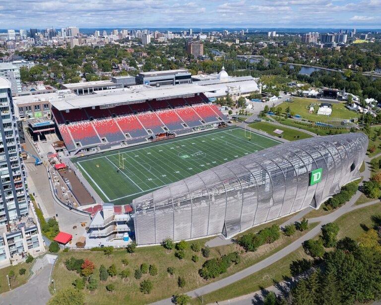 Aerial view of Lansdowne Park showing TD Place stadium, the Aberdeen Pavilion, the Rideau Canal and downtown Ottawa.