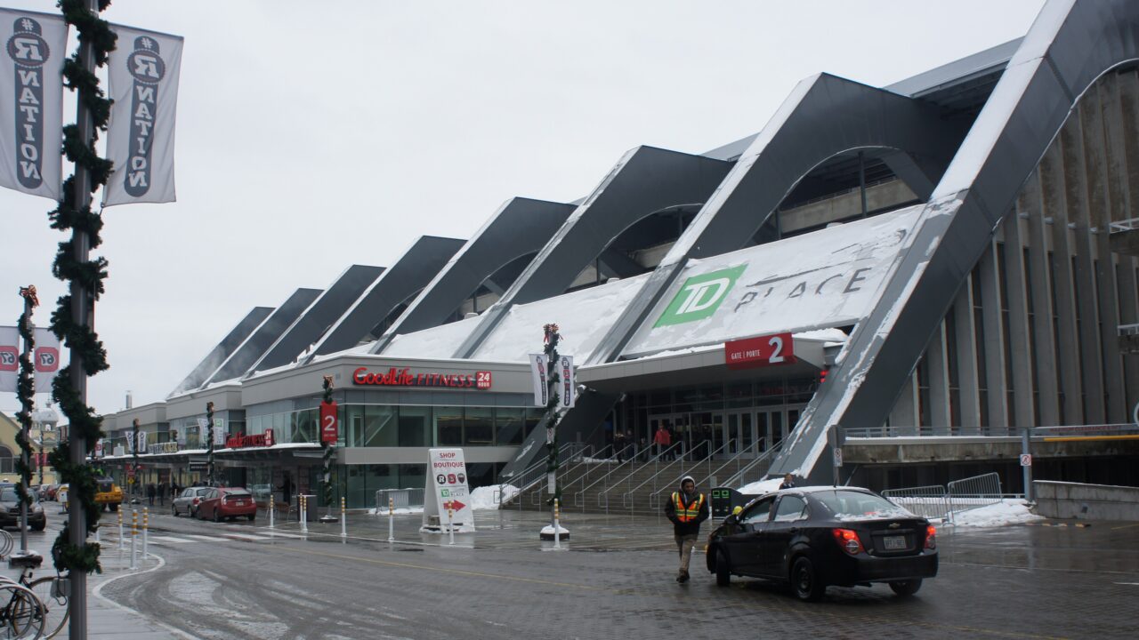 Exterior of the arena at TD Place in winter
