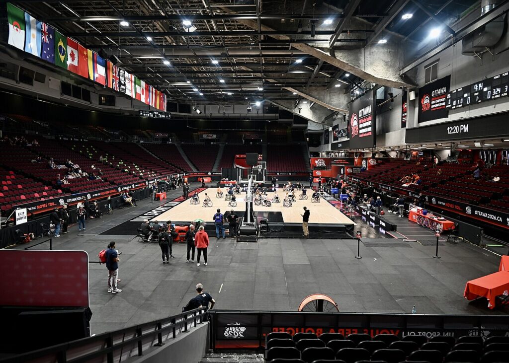 The arena at TD Place set up with a basketball court for the 2026 Wheelchair Basketball World Championships.