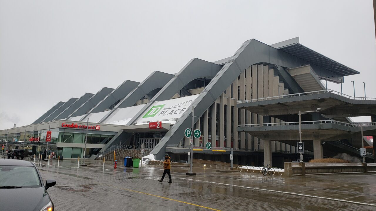 TD Place on a rainy day, Bank Street side